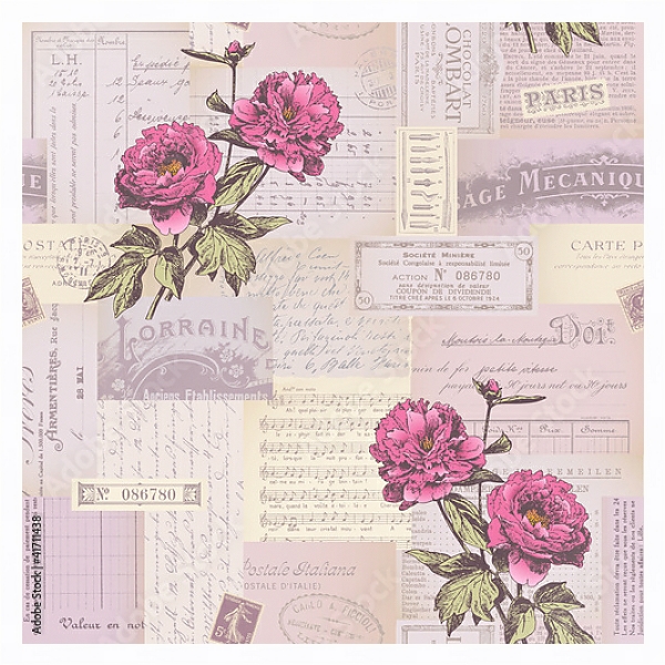 Постер Розовый коллаж с пионами с типом исполнения На холсте в раме в багетной раме 221-03