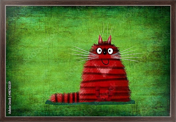 Постер Красный улыбающийся кот на зеленом фоне с типом исполнения На холсте в раме в багетной раме 221-02