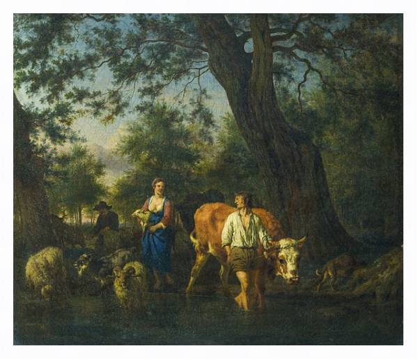 Постер Крестьяне со скотом переходям ручей с типом исполнения На холсте в раме в багетной раме 221-03