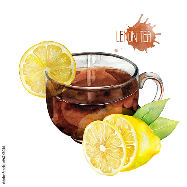 Постер Акварельная чашка чая с лимоном с типом исполнения На холсте без рамы