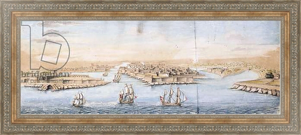 Постер A Bird's Eye View of Valetta from the Sea, with Men-o-War entering the Harbour, с типом исполнения На холсте в раме в багетной раме 484.M48.310