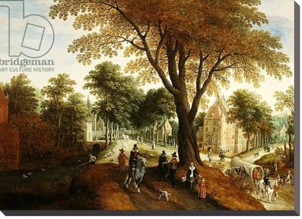 Постер Elegant Horsemen and figures on a path in front of a chateau с типом исполнения На холсте без рамы