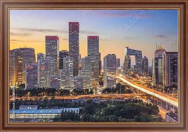 Постер Китай, Пекин.  Закат над Деловым районом с типом исполнения На холсте в раме в багетной раме 35-M719P-83