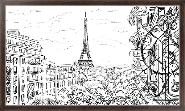 Постер Париж в Ч/Б рисунках #9 с типом исполнения На холсте в раме в багетной раме 221-02