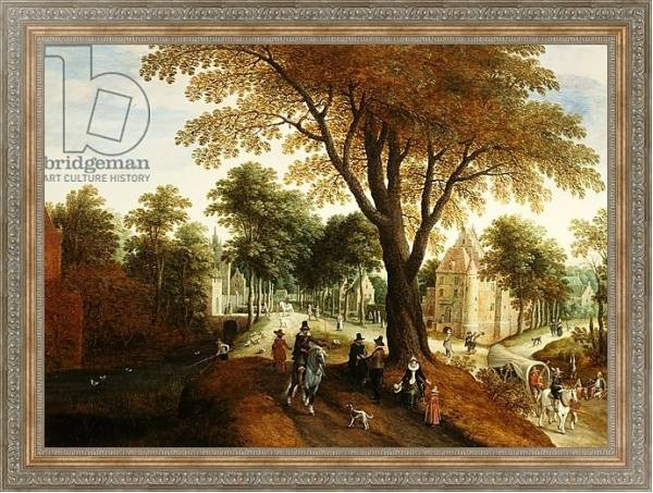 Постер Elegant Horsemen and figures on a path in front of a chateau с типом исполнения На холсте в раме в багетной раме 484.M48.310
