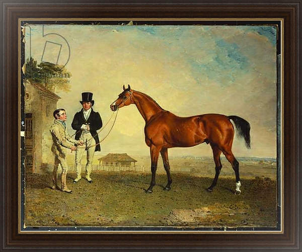 Постер 'Skiff', a bay Racehorse held by a Groom on Newmarket Heath, with John Howe, the owner of the Stables, at his side, 1829 с типом исполнения На холсте в раме в багетной раме 1.023.151