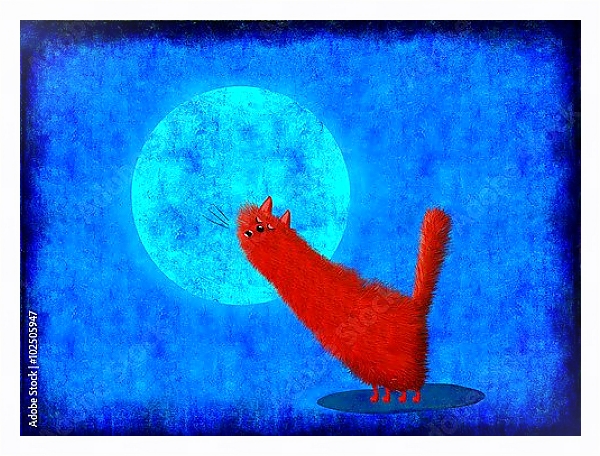 Постер Красный кот воет на луну с типом исполнения На холсте в раме в багетной раме 221-03