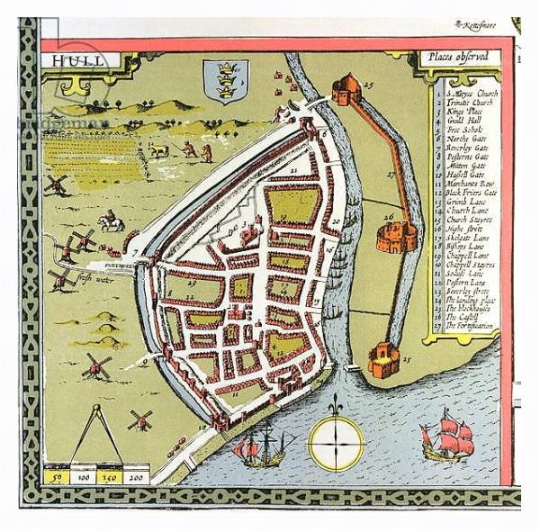 Постер Hull, detail from the map of the North and East Ridings of Yorkshire, 1611-12 с типом исполнения На холсте в раме в багетной раме 221-03