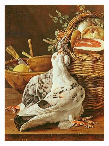 Постер Still Life with pigeons, wicker basket, ham, onions and a lemon с типом исполнения На холсте в раме в багетной раме 221-03