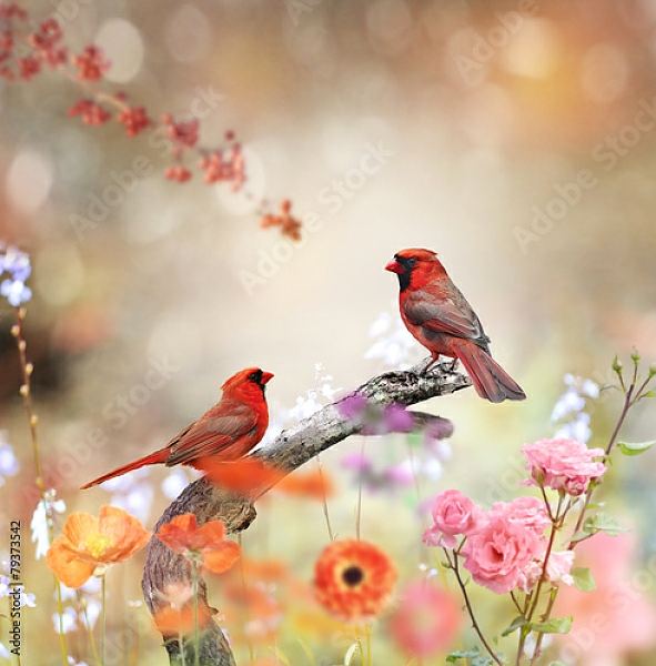 Постер Красные кардиналы на ветке в цветах с типом исполнения На холсте без рамы