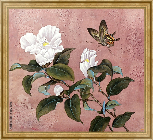 Постер Цветок азалии и бабочка с типом исполнения На холсте в раме в багетной раме NA033.1.051
