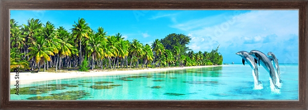 Постер Дельфины у тропических берегов  с типом исполнения На холсте в раме в багетной раме 221-02