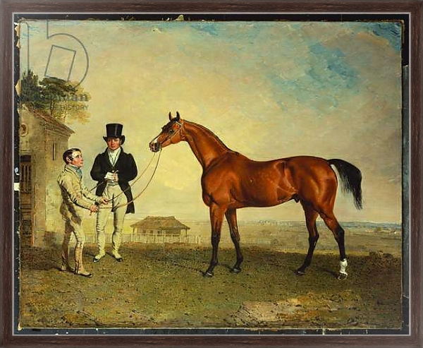 Постер 'Skiff', a bay Racehorse held by a Groom on Newmarket Heath, with John Howe, the owner of the Stables, at his side, 1829 с типом исполнения На холсте в раме в багетной раме 221-02