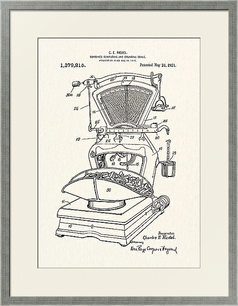 Постер Патент на компьютерные счетные весы, 1921 г. с типом исполнения Под стеклом в багетной раме 1727.2510