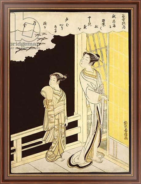 Постер A courtesan and her kamuro on a verandah watching flying geese in the rain с типом исполнения На холсте в раме в багетной раме 35-M719P-83