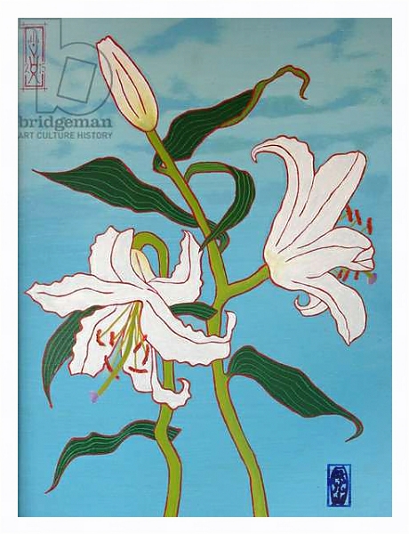 Постер White lily on a blue background, 2010, oil on wood с типом исполнения На холсте в раме в багетной раме 221-03