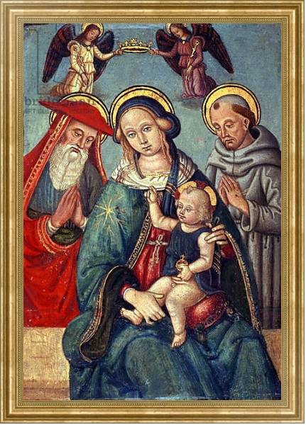 Постер Madonna and Child being crowned by two Angels, with St. Jerome and St. Francis, c.1500 с типом исполнения На холсте в раме в багетной раме NA033.1.051