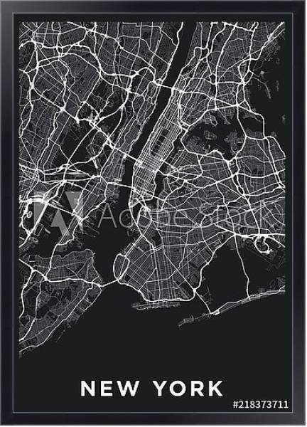 Постер Темная карта Нью-Йорка с типом исполнения На холсте в раме в багетной раме 221-01