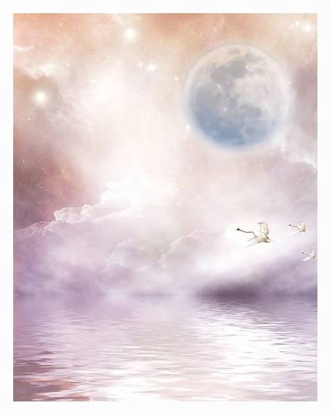 Постер Лебеди между водой и луной с типом исполнения На холсте в раме в багетной раме 221-03