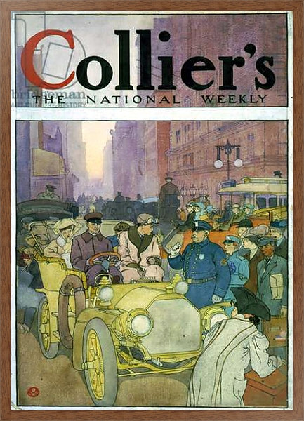 Постер Automobile in crowded street. Watercolour by Edward Penfield, 1866-1925, artist, 1907. с типом исполнения На холсте в раме в багетной раме 1727.4310