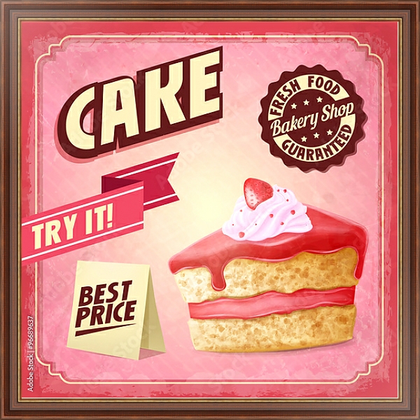 Постер Ретро плакат с кусочком клубничного торта с типом исполнения На холсте в раме в багетной раме 35-M719P-83