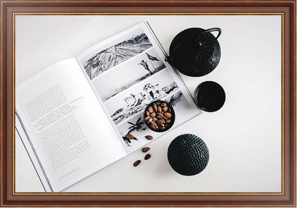 Постер Черный чайный набор с журналом с типом исполнения На холсте в раме в багетной раме 35-M719P-83