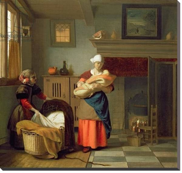 Постер Nursemaid with baby in an interior and a young girl preparing the cradle с типом исполнения На холсте без рамы