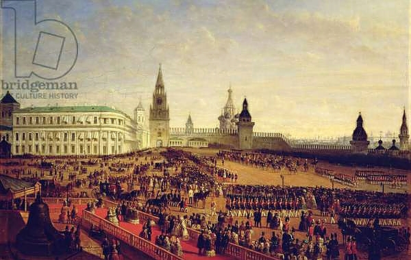 Постер Military parade during the Coronation of Alexander II in the Moscow Kremlin on the 18th February 1855, 1856 с типом исполнения На холсте без рамы
