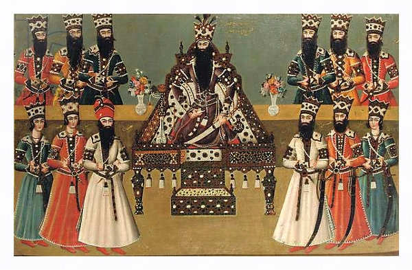 Постер Fath 'Ali Shah and his immediate courtiers, c.1815 с типом исполнения На холсте в раме в багетной раме 221-03