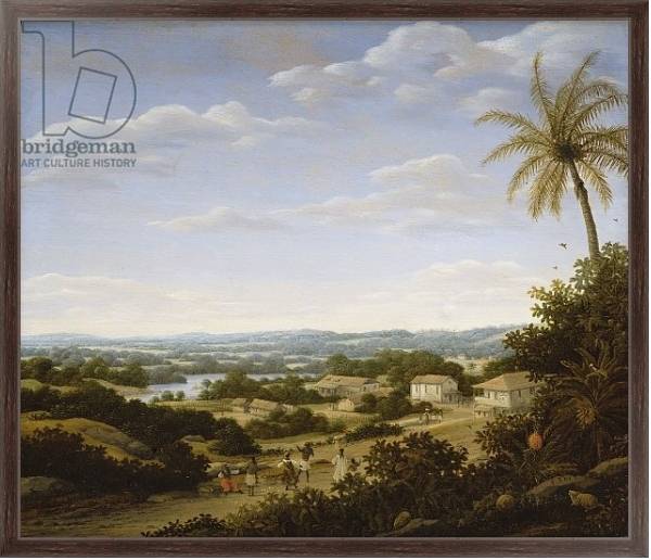 Постер Brazilian landscape with natives on a road approaching a village, 1665 с типом исполнения На холсте в раме в багетной раме 221-02