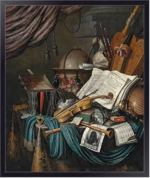 Постер A globe, a casket of jewels and medallions, books, a hurdy-gurdy, a bagpipe, a lute, a violin, an upturned silver tazza and roemer, a nautilus shell, a recorder, a shawm, a print with a self-portrait of the artist and a musical score on a draped table, a с типом исполнения На холсте в раме в багетной раме 221-01