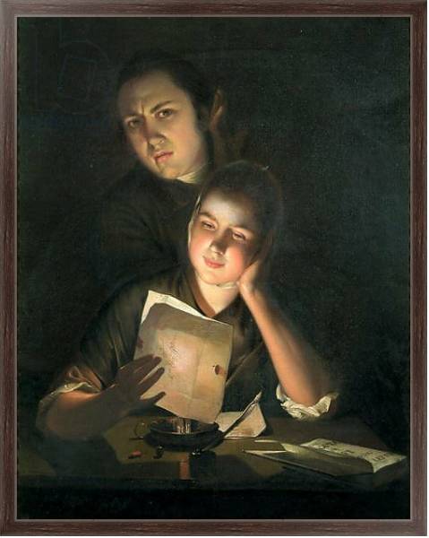 Постер A Girl reading a letter by Candlelight, with a Young Man peering over her shoulder, c.1760-2 с типом исполнения На холсте в раме в багетной раме 221-02