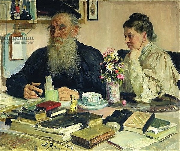 Постер Leo Tolstoy with his wife in Yasnaya Polyana, 1907 с типом исполнения На холсте без рамы