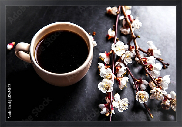 Постер Чашка кофе и ветка цветущей вишни с типом исполнения На холсте в раме в багетной раме 1727.8010