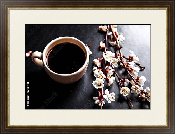 Постер Чашка кофе и ветка цветущей вишни с типом исполнения Под стеклом в багетной раме 1.023.036