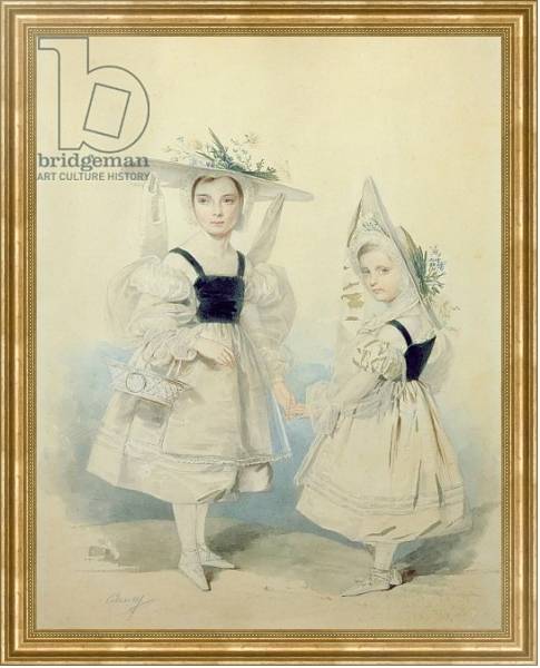 Постер Portrait of the Grand Princesses Olga and Alexandra in Fancy Dress, 1830s с типом исполнения На холсте в раме в багетной раме NA033.1.051
