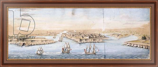 Постер A Bird's Eye View of Valetta from the Sea, with Men-o-War entering the Harbour, с типом исполнения На холсте в раме в багетной раме 35-M719P-83