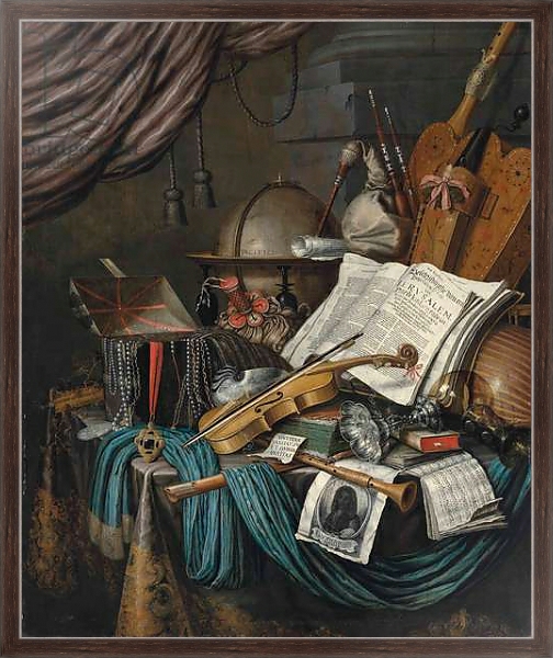 Постер A globe, a casket of jewels and medallions, books, a hurdy-gurdy, a bagpipe, a lute, a violin, an upturned silver tazza and roemer, a nautilus shell, a recorder, a shawm, a print with a self-portrait of the artist and a musical score on a draped table, a с типом исполнения На холсте в раме в багетной раме 221-02