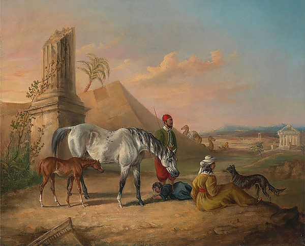 Постер Серая арабская кобыла и жеребенок с семьей с типом исполнения На холсте без рамы
