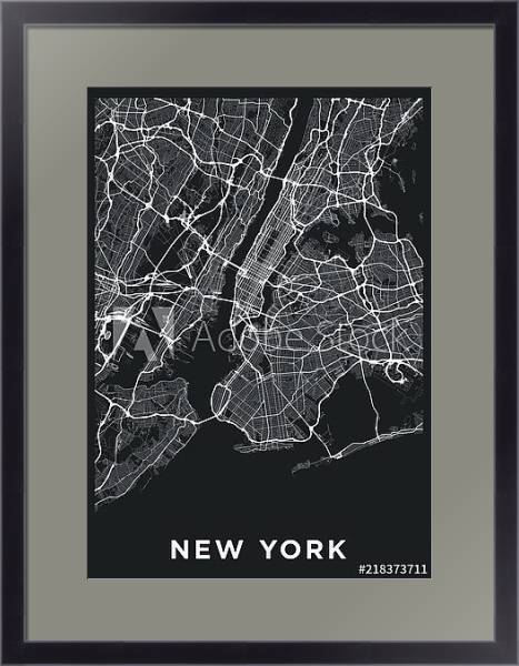 Постер Темная карта Нью-Йорка с типом исполнения Под стеклом в багетной раме 221-01