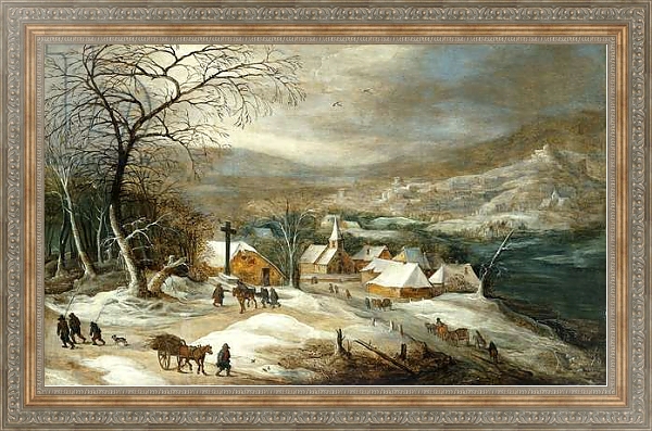 Постер A Winter Landscape, with Figures on a Road by a Village, с типом исполнения На холсте в раме в багетной раме 484.M48.310