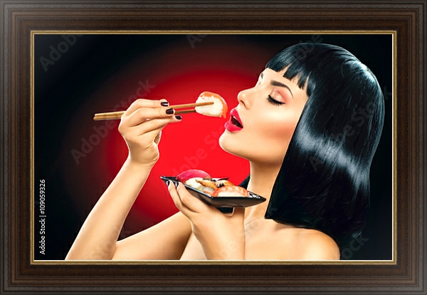 Постер Девушка ест суши с типом исполнения На холсте в раме в багетной раме 1.023.151