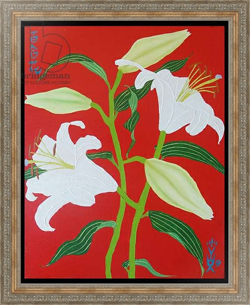 Постер White lily on a red background no.1, 2008, oil on canvas с типом исполнения На холсте в раме в багетной раме 484.M48.310
