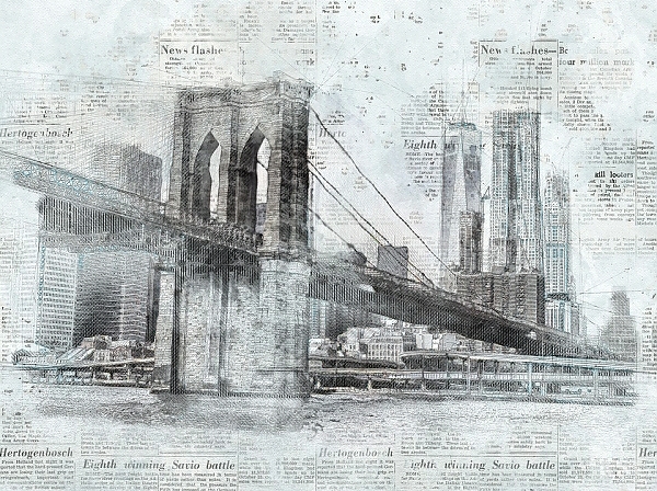 Постер Нью-Йоркский мост и газетные статьи с типом исполнения На холсте без рамы