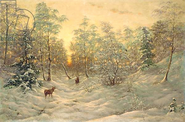 Постер Deer in a snowy landscape at dusk с типом исполнения На холсте без рамы