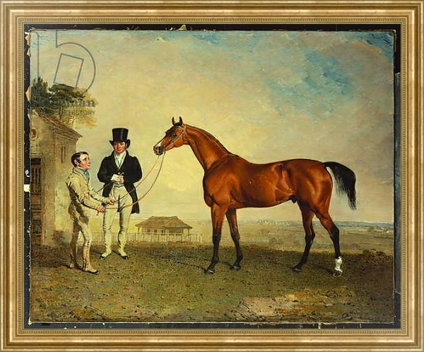 Постер 'Skiff', a bay Racehorse held by a Groom on Newmarket Heath, with John Howe, the owner of the Stables, at his side, 1829 с типом исполнения На холсте в раме в багетной раме NA033.1.051
