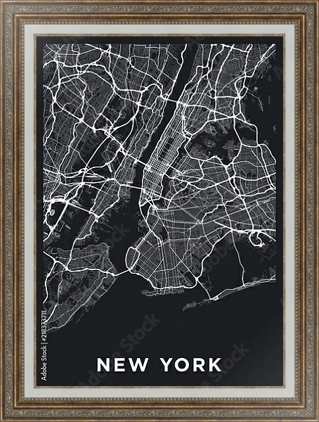 Постер Темная карта Нью-Йорка с типом исполнения На холсте в раме в багетной раме 595.M52.330