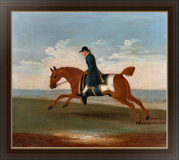 Постер One of Four Portraits of Horses - a Chestnut Racehorse Exercised by a Trainer in a Blue Coat 1730 с типом исполнения На холсте в раме в багетной раме 1.023.151