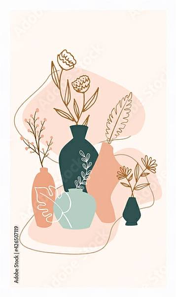 Постер Композиция с листьями растений и цветов и абстрактными вазами 2 с типом исполнения На холсте в раме в багетной раме 221-03