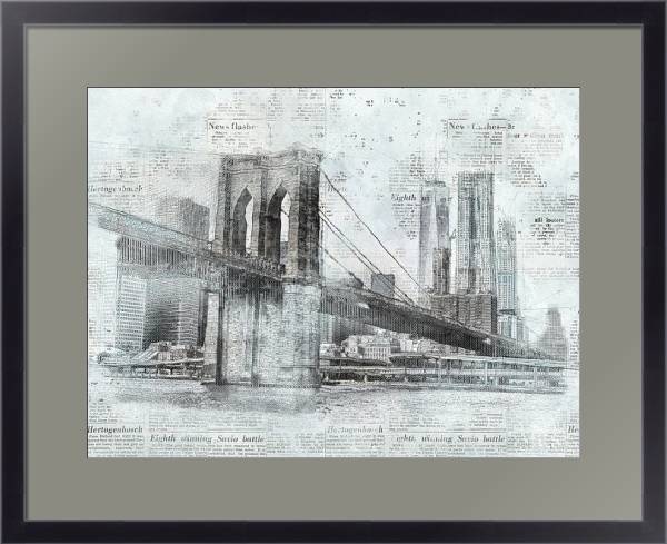 Постер Нью-Йоркский мост и газетные статьи с типом исполнения Под стеклом в багетной раме 221-01